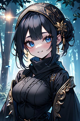 dark blue hair, blue eyes, gold kimono suit with black edges, friendly face, a black spandex that covers his entire body, headscarf, killer, happy smile, bangs, in the forest at night, masterpiece, detailed, high quality, absurd, the strongest human of all, bringer of the world's hope, short hair, black lycra, masterpiece, excellent quality, excellent quality, perfect face, medium breasts, black scarf, judge, lawyer, judge's robe , toga

