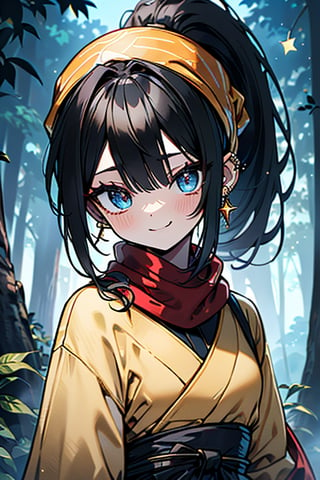 black hair, blue eyes, yellow Kimono
 outfit with black edges, a red scarf with gold stripes, the edges have small golden touches, friendly face, a black spandex that covers her entire body, headscarf, killer, happy smile , bangs, in the forest at night, masterpiece, star earrings, detailed, high quality, absurd, the strongest human of all, bringer of the world's hope, hair in ponytail,black lycra, masterpiece, excellent quality, excellent quality, perfect face.

