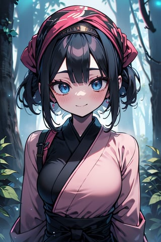 dark blue hair, blue eyes, pink kimono outfit with black edges, friendly face, a black spandex that covers his entire body, headscarf, killer, happy smile, bangs, in the forest at night, masterpiece, detailed, high quality, absurd, the strongest human of all, bringer of the world's hope, short hair, black lycra, masterpiece, excellent quality, excellent quality, perfect face, medium breasts

