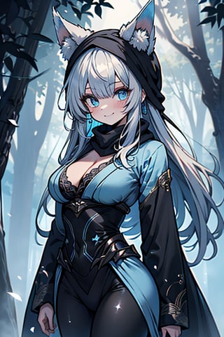 white blue hair, blue eyes, blue kimono suit with black edges, friendly face, a black spandex that covers his entire body, headscarf, killer, happy smile, bangs, in the forest at night, masterpiece, detailed, high quality, absurd, the strongest human of all, bringer of the world's hope, long hair, black lycra, masterpiece, excellent quality, excellent quality, perfect face, medium breasts, black scarf, kitsune ears.

