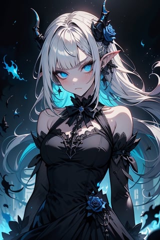white hair, deep blue eyes, aura of dark power, the most powerful being in the world, queen of darkness, lost look, pointed ears, black dress with blue edges, killer of gods, the one who killed Lucifer, incarnation of the gods dragons, masterpiece, very good quality, excellent quality, perfect face, small breasts, serious face, dazed, calm, kuudere, eyes with blue flames, looking down, as if on top of the world, horns, fake goddess, bare shoulders, gothic, Mullet Bangs, staring, sad expression, blue roses in her hair and her dress,emanates the power of chaos within her,black sclera,black bow tie, domino dresses from the Victorian era.
