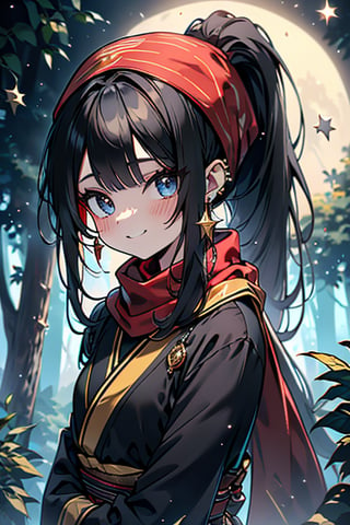 black hair, blue eyes, yellow Kimono
 outfit with black edges, a red scarf with gold stripes, the edges have small golden touches, friendly face, a black spandex that covers her entire body, headscarf, killer, happy smile , bangs, in the forest at night, masterpiece, star earrings, detailed, high quality, absurd, the strongest human of all, bringer of the world's hope, hair in ponytail,black lycra, masterpiece, excellent quality, excellent quality, perfect face.

