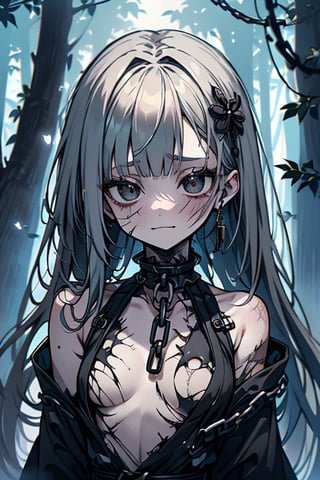 white hair, black eyes, dirty and poor black kimono, sad face, lost, sad smile, slave, chains, bangs, in the forest at night, high quality, absurd, the human who longed for freedom, long hair, masterpiece, excellent quality, excellent quality, perfect face,teenager, small breasts, 16 year old appearance,scars, depressed, poor, torn clothes.


