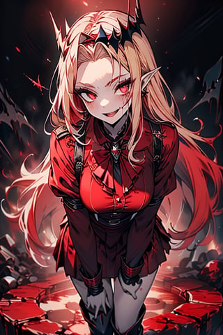 an arrogant woman, blonde, cold-blooded murderer, the final enemy of this world, medium breasts, pointed ears, vampire, eyes red like blood, smiling mischievously, red bowtie scarf, red suit with skirt with black borders, black crosses on his forehead, very pale skin, high_resolution, best quality, extremely detailed, HD, 8K, 1 girl, solo, sexy_figure, hot, 170 cm, tall_girl, LONG HAIR, DIAMOND THROAT, BLACK ASCOT, SEPARATED NECK, CENTER Ruffles, RED DRESS, RED SEPARATED SLEEVES, RED BELT, SKIRT WHITE, RED THIGH BOOTS, RED SUSPENDERS.TIARA,She represents death, the false goddess of putrefaction.

