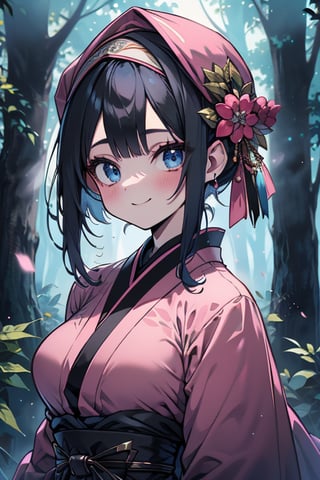 dark blue hair, blue eyes, pink kimono outfit with black edges, friendly face, a black spandex that covers his entire body, headscarf, killer, happy smile, bangs, in the forest at night, masterpiece, detailed, high quality, absurd, the strongest human of all, bringer of the world's hope, short hair, black lycra, masterpiece, excellent quality, excellent quality, perfect face, medium breasts

