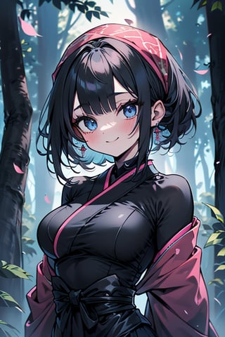 dark blue hair, blue eyes, pink kimono outfit with black edges, friendly face, a black spandex that covers his entire body, headscarf, killer, happy smile, bangs, in the forest at night, masterpiece, detailed, high quality, absurd, the strongest human of all, bringer of the world's hope, short hair, black lycra, masterpiece, excellent quality, excellent quality, perfect face, medium breasts

