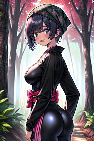 dark blue hair, blue eyes, pink kimono outfit with black edges, friendly face, a black spandex that covers his entire body, headscarf, killer, happy smile, bangs, in the forest at night, masterpiece, detailed, high quality, absurd, the strongest human of all, bringer of the world's hope, short hair, black lycra, masterpiece, excellent quality, excellent quality, perfect face, medium breasts,big ass,

