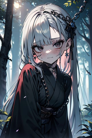 white hair, black eyes, dirty and poor black kimono, sad face, lost, sad smile, slave, chains, bangs, in the forest at night, high quality, absurd, the human who longed for freedom, long hair, masterpiece, excellent quality, excellent quality, perfect face,teenager, small breasts, 16 year old appearance,scars, depressed, poor, torn clothes.


