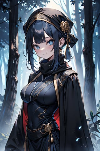 dark blue hair, blue eyes, gold kimono suit with black edges, friendly face, a black spandex that covers his entire body, headscarf, killer, happy smile, bangs, in the forest at night, masterpiece, detailed, high quality, absurd, the strongest human of all, bringer of the world's hope, short hair, black lycra, masterpiece, excellent quality, excellent quality, perfect face, medium breasts, black scarf, judge, lawyer, judge's robe , toga

