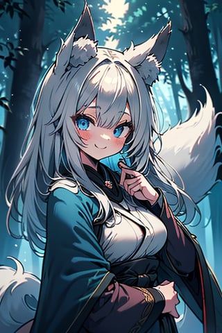 white hair, blue eyes, coat with blue vintage style cape, friendly face, skirt, killer, happy smile, blows, in the forest at night, masterpiece, detailed, high quality, absurd, long hair, black stockings, masterpiece, excellent quality, perfect face, medium breasts, kitsune ears, kitsune tail.

