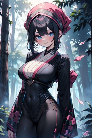 dark blue hair, blue eyes, pink kimono outfit with black edges, friendly face, a black spandex that covers his entire body, headscarf, killer, happy smile, bangs, in the forest at night, masterpiece, detailed, high quality, absurd, the strongest human of all, bringer of the world's hope, short hair, black lycra, masterpiece, excellent quality, excellent quality, perfect face, medium breasts

