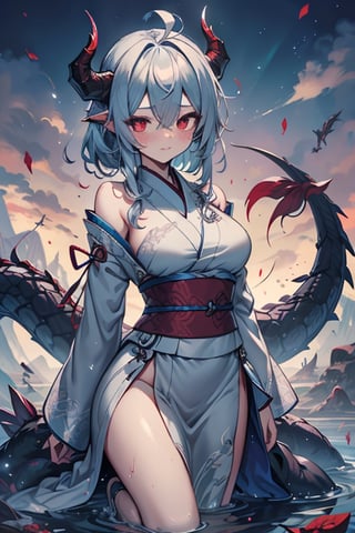 dragon woman, wingless, medium hair, shy face, blue kimono, blue hair, dragon horns, dragon tail, red eyes, dragon horns, medium breasts, beautiful, the sword maiden, tail attached to the body, her power comes from of primordial water, masterpiece, very good quality, excellent quality, perfect face, samurai, mother of the family, master of combat, wise, bangs that cover her eyes.
