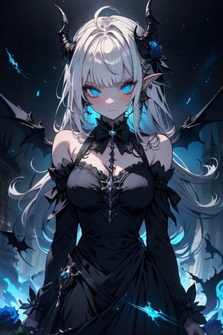 white hair, deep blue eyes, aura of dark power, the most powerful being in the world, queen of darkness, lost look, pointed ears drooping pointing downwards, black dress with blue edges, killer of gods, the one who killed Lucifer, incarnation of the gods dragons, masterpiece, very good quality, excellent quality, perfect face, small breasts, serious face, dazed, calm, kuudere, eyes with blue flames, looking down, as if on top of the world, horns, fake goddess, bare shoulders, gothic, Mullet Bangs, staring, sad expression, blue roses in her hair and her dress,emanates the power of chaos within her,black sclera,black bow tie, domino dresses from the Victorian era.