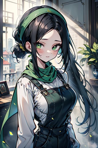 She is a woman of immeasurable beauty, black hair, long hair, green scarf, teenager, green eyes, gesticulated look, happy, egocentric, beautiful clothes, medium breasts, a masterpiece, detailed, high quality, very high resolution, peasant clothes , perfect face, poor, overalls, masterpiece, good quality, excellent quality, hair in a ponytail, headscarf.
