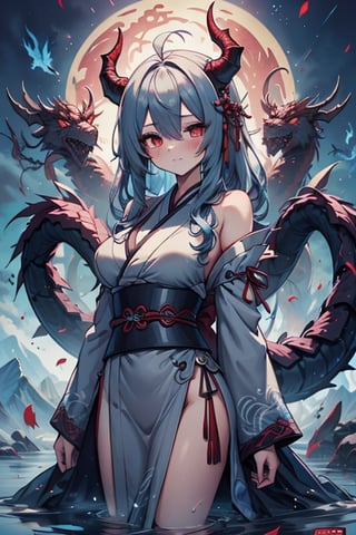 dragon woman, wingless, medium hair, shy face, blue kimono, blue hair, dragon horns, dragon tail, red eyes, dragon horns, medium breasts, beautiful, the sword maiden, tail attached to the body, her power comes from of primordial water, masterpiece, very good quality, excellent quality, perfect face, samurai, mother of the family, master of combat, wise, bangs that cover her eyes.
