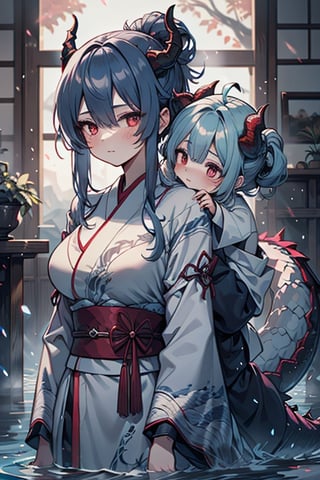 dragon woman, wingless, medium hair, shy face, blue kimono, blue hair, dragon horns, dragon tail, red eyes, dragon horns, medium breasts, beautiful, the sword maiden, tail attached to the body, her power comes from of primordial water, masterpiece, very good quality, excellent quality, perfect face, samurai, mother of the family, master of combat, wise, bangs that cover her eyes,hair up,Japanese house.