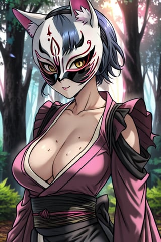 dark blue hair, pink kimono with black edges, a black spandex that covers his entire body, killer,  in the forest at night, masterpiece, detailed, high quality, absurd, the strongest human of all, bearer of the hope of the world, short hair, black lycra, masterpiece, excellent quality, excellent quality, perfect face, medium breasts, white fox mask on her face, masked,babymetal