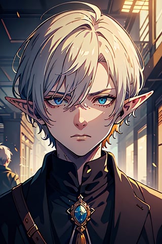 man, white hair, thief clothes, a siscon, arrogant, silly, serious, masterpiece, high quality, 4k, very good resolution,herochromatic, golden right eye and orange left eye, Fade cut for men, blue eyes,Elf's ears.
