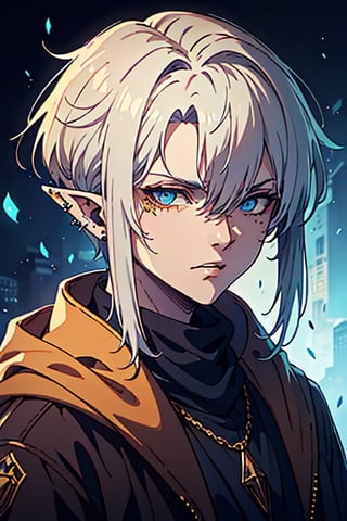 man, white hair, thief clothes, a siscon, arrogant, silly, serious, masterpiece, high quality, 4k, very good resolution,herochromatic, golden right eye and orange left eye, Fade cut for men, blue eyes,Elf's ears,poor,nose piercing, mouth piercing, ear piercing.