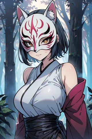 dark blue hair, pink kimono with black edges, a black spandex that covers her entire body, killer,  in the forest at night, masterpiece, detailed, high quality, absurd, the strongest human of all, bearer of the hope of the world, short hair, black lycra, masterpiece, excellent quality, excellent quality, perfect face, medium breasts,  (white fox mask: 1.2).