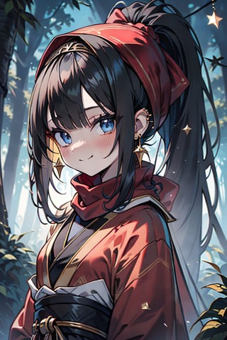 black hair, blue eyes, yellow Kimono
 outfit with black edges, a red scarf with gold stripes, the edges have small golden touches, friendly face, a black spandex that covers her entire body, headscarf, killer, happy smile , bangs, in the forest at night, masterpiece, star earrings, detailed, high quality, absurd, the strongest human of all, bringer of the world's hope, hair in ponytail,black lycra, masterpiece, excellent quality, excellent quality, perfect face.

