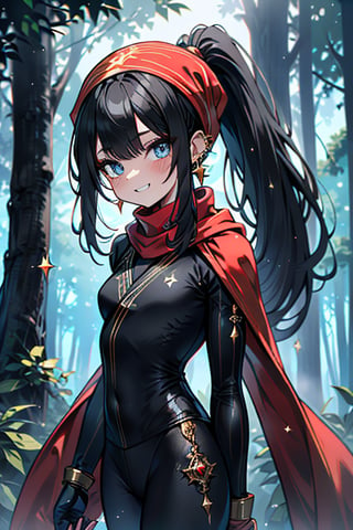 black hair, blue eyes, yellow Kimono
 outfit with black edges, a red scarf with gold stripes, the edges have small golden touches, friendly face, a black spandex that covers her entire body, headscarf, killer, happy smile , bangs, in the forest at night, masterpiece, star earrings, detailed, high quality, absurd, the strongest human of all, bringer of the world's hope, hair in ponytail,black lycra, masterpiece, excellent quality, excellent quality, perfect face.

