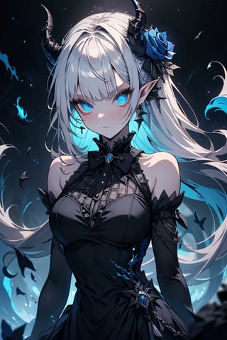 white hair, deep blue eyes, aura of dark power, the most powerful being in the world, queen of darkness, lost look, pointed ears, black dress with blue edges, killer of gods, the one who killed Lucifer, incarnation of the gods dragons, masterpiece, very good quality, excellent quality, perfect face, small breasts, serious face, dazed, calm, kuudere, eyes with blue flames, looking down, as if on top of the world, horns, fake goddess, bare shoulders, gothic, Mullet Bangs, staring, sad expression, blue roses in her hair and her dress,emanates the power of chaos within her,black sclera,black bow tie, domino dresses from the Victorian era,floppy ears.