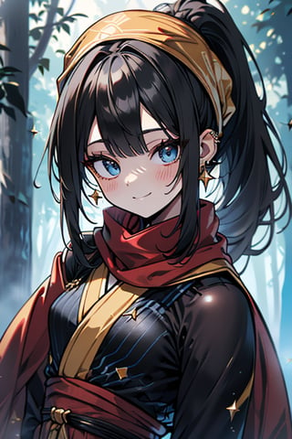 black hair, blue eyes, yellow Kimono
 outfit with black edges, a red scarf with gold stripes, the edges have small golden touches, friendly face, a black spandex that covers her entire body, headscarf, killer, happy smile , bangs, in the forest at night, masterpiece, star earrings, detailed, high quality, absurd, the strongest human of all, bringer of the world's hope, hair in ponytail,black lycra, masterpiece, excellent quality, excellent quality, perfect face.


