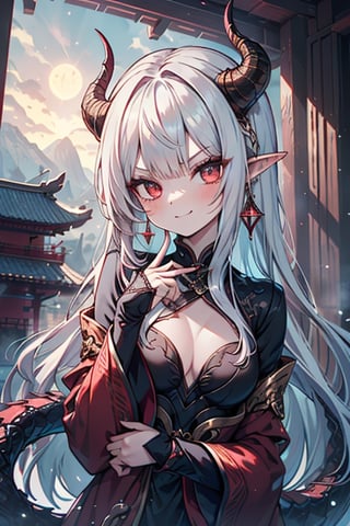 light red eyes, pointed horns, small breasts, beautiful, the woman who reflects the sun, the emperor's right hand, tail close to the body, the master of manipulation, Chinese temple, pointed ears, serious face, calm smile, red tail with light blue parts, dragon horns, gold jewelry, silver ring, diamond chain, white locks, white bangs, red hair and white locks, two-color hair, black qipa with gold trim, elegant.

