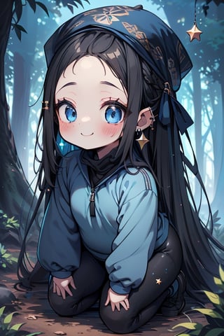 black hair, blue eyes, full body lycra clothing, friendly face, headscarf, little girl, happy smile, in the forest at night, masterpiece, star earrings, detailed, high quality, absurd, strongest human being of all, bearer of the hope of the world, long hair, perfect face, 8 year old girl, best quality, fat, obese.
