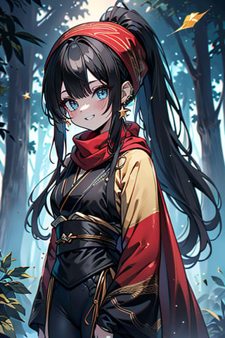 black hair, blue eyes, yellow Kimono
 outfit with black edges, a red scarf with gold stripes, the edges have small golden touches, friendly face, a black spandex that covers her entire body, headscarf, killer, happy smile , bangs, in the forest at night, masterpiece, star earrings, detailed, high quality, absurd, the strongest human of all, bringer of the world's hope, hair in ponytail,black lycra, masterpiece, excellent quality, excellent quality, perfect face.


