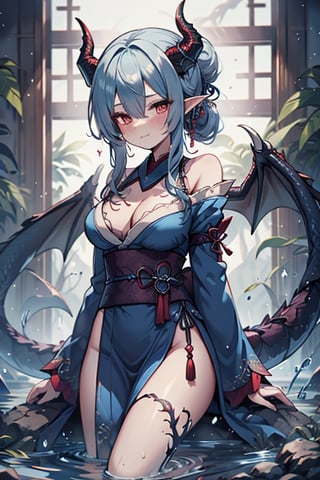 dragon woman, wingless, medium hair, shy face, blue kimono, blue hair, dragon horns, dragon tail, red eyes, dragon horns, medium breasts, beautiful, the sword maiden, tail attached to the body, her power comes from of primordial water, masterpiece, very good quality, excellent quality, perfect face, samurai, mother of the family, master of combat, wise, bangs that cover her eyes,hair up,Japanese house,pointy ears.
