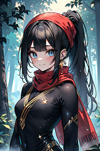 black hair, blue eyes, yellow Kimono
 outfit with black edges, a red scarf with gold stripes, the edges have small golden touches, friendly face, a black spandex that covers her entire body, headscarf, killer, happy smile , bangs, in the forest at night, masterpiece, star earrings, detailed, high quality, absurd, the strongest human of all, bringer of the world's hope, hair in ponytail,black lycra, masterpiece, excellent quality, excellent quality, perfect face.

