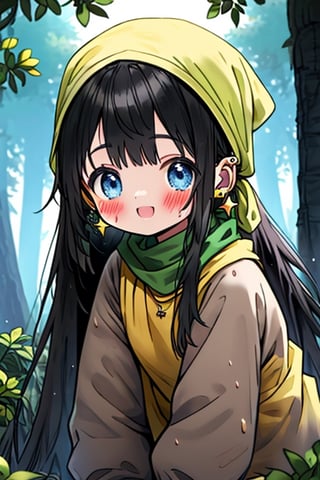 black hair, blue eyes, yellow attush, friendly face, headscarf, little girl, happy smile, bangs, in the forest at night, masterpiece, star earrings, detailed, high quality, absurd , strongest human being of all, bearer of the hope of the world, long hair, necklace of scales,perfect face,8 year old girl,
,best quality,Poor thing, dirty clothes, mud on the face.
