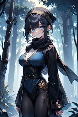 dark blue hair, blue eyes, gold kimono suit with black edges, friendly face, a black spandex that covers his entire body, headscarf, killer, happy smile, bangs, in the forest at night, masterpiece, detailed, high quality, absurd, the strongest human of all, bringer of the world's hope, short hair, black lycra, masterpiece, excellent quality, excellent quality, perfect face, medium breasts, black scarf, judge, lawyer, judge's robe , toga

