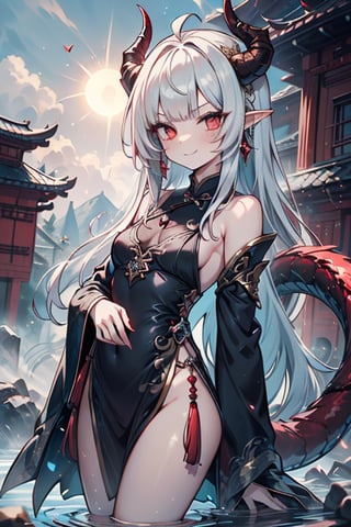 light red eyes, pointed horns, small breasts, beautiful, the woman who reflects the sun, the emperor's right hand, tail close to the body, the master of manipulation, Chinese temple, pointed ears, serious face, calm smile, red tail with light blue parts, dragon horns, gold jewelry, silver ring, diamond chain, white locks, white bangs, red hair and white locks, two-color hair, black qipa with gold trim, elegant.

