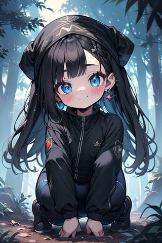 black hair, blue eyes, full body lycra clothing, friendly face, headscarf, little girl, happy smile, in the forest at night, masterpiece, star earrings, detailed, high quality, absurd, strongest human being of all, bearer of the hope of the world, long hair, perfect face, 8 year old girl, best quality, fat, obese.
