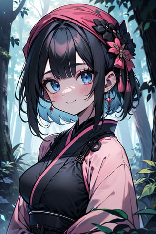 dark blue hair, blue eyes, pink kimono outfit with black edges, friendly face, a black spandex that covers his entire body, headscarf, killer, happy smile, bangs, in the forest at night, masterpiece, detailed, high quality, absurd, the strongest human of all, bringer of the world's hope, short hair, black lycra, masterpiece, excellent quality, excellent quality, perfect face, medium breasts

