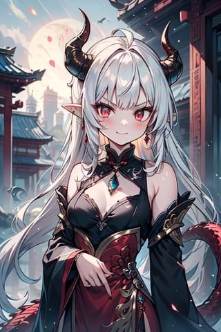 light red eyes, pointed horns, small breasts, beautiful, the woman who reflects the sun, the emperor's right hand, tail close to the body, the master of manipulation, Chinese temple, pointed ears, serious face, calm smile, red tail with light blue parts, dragon horns, gold jewelry, silver ring, diamond chain, white locks, white bangs, red hair and white locks, two-color hair, black qipa with gold trim, elegant.

