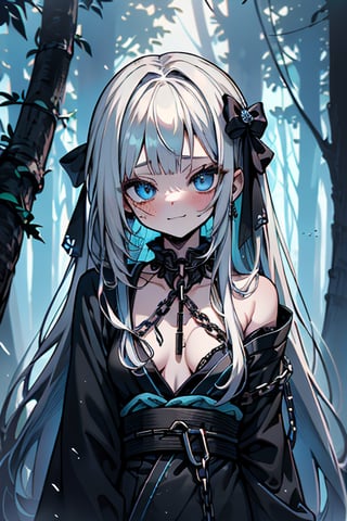 white hair, blue eyes, dirty and poor black kimono, sad face, lost, sad smile, slave, chains, bangs, in the forest at night, high quality, absurd, the human who longed for freedom, long hair, masterpiece, excellent quality, excellent quality, perfect face,teenager, small breasts, 16 year old appearance.

