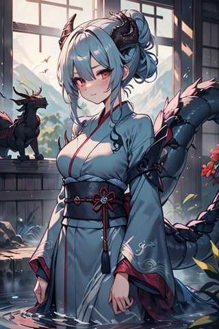 dragon woman, wingless, medium hair, shy face, blue kimono, blue hair, dragon horns, dragon tail, red eyes, dragon horns, medium breasts, beautiful, the sword maiden, tail attached to the body, her power comes from of primordial water, masterpiece, very good quality, excellent quality, perfect face, samurai, mother of the family, master of combat, wise, bangs that cover her eyes,hair up,Japanese house.