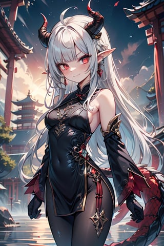 light red eyes, pointed horns, small breasts, beautiful, the woman who reflects the sun, the emperor's right hand, tail close to the body, the master of manipulation, Chinese temple, pointed ears, serious face, calm smile, red tail with light blue parts, dragon horns, gold jewelry, silver ring, diamond chain, white locks, white bangs, red hair and white locks, two-color hair, black qipa with gold trim, elegant,black pantyhose.
