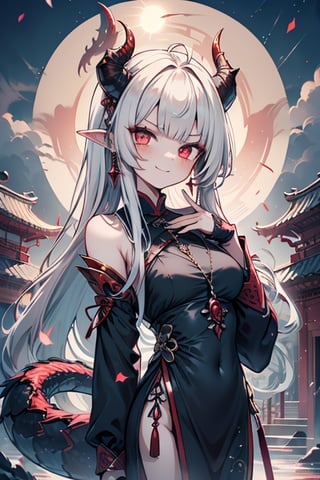 light red eyes, pointed horns, small breasts, beautiful, the woman who reflects the sun, the emperor's right hand, tail close to the body, the master of manipulation, Chinese temple, pointed ears, serious face, calm smile, red tail with light blue parts, dragon horns, gold jewelry, silver ring, diamond chain, white locks, white bangs, red hair and white locks, two-color hair, black qipa with gold trim, elegant.

