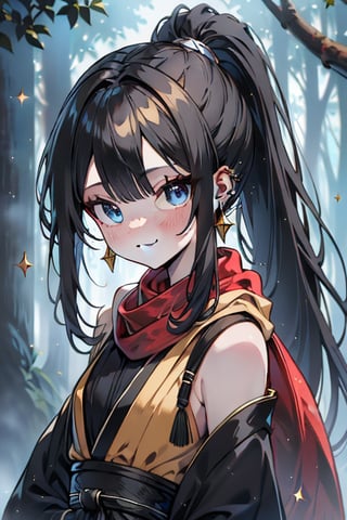 black hair, blue eyes, yellow Kimono
 outfit with black edges, a red scarf with gold stripes, the edges have small golden touches, friendly face, a black spandex that covers her entire body, headscarf, killer, happy smile , bangs, in the forest at night, masterpiece, star earrings, detailed, high quality, absurd, the strongest human of all, bringer of the world's hope, hair in ponytail,black lycra, masterpiece, excellent quality, excellent quality, perfect face.

