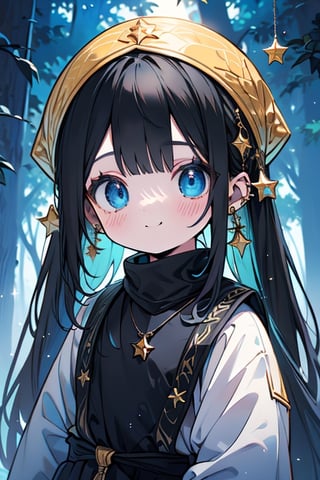 black hair, blue eyes, yellow attush, friendly face, headscarf, little girl, happy smile, bangs, in the forest at night, masterpiece, star earrings, detailed, high quality, absurd , strongest human being of all, bearer of the hope of the world, long hair, necklace of scales,perfect face,8 year old girl.
,best quality