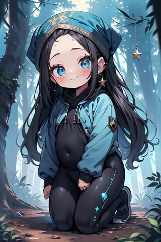 black hair, blue eyes, full body lycra clothing, friendly face, headscarf, little girl, happy smile, in the forest at night, masterpiece, star earrings, detailed, high quality, absurd, strongest human being of all, bearer of the hope of the world, long hair, perfect face, 8 year old girl, best quality, fat, obese.
