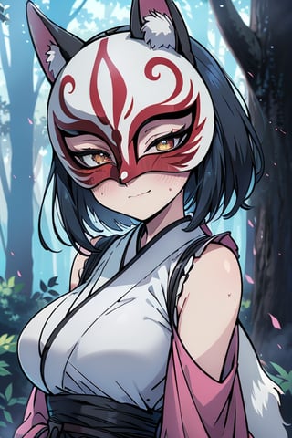 dark blue hair, pink kimono with black edges, a black spandex that covers her entire body, killer,  in the forest at night, masterpiece, detailed, high quality, absurd, the strongest human of all, bearer of the hope of the world, short hair, black lycra, masterpiece, excellent quality, excellent quality, perfect face, medium breasts,  (white fox mask: 1.2).