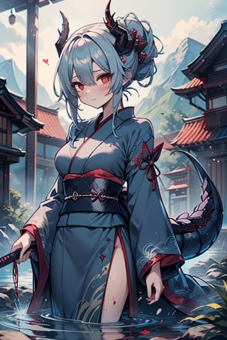 dragon woman, wingless, medium hair, shy face, blue kimono, blue hair, dragon horns, dragon tail, red eyes, dragon horns, medium breasts, beautiful, the sword maiden, tail attached to the body, her power comes from of primordial water, masterpiece, very good quality, excellent quality, perfect face, samurai, mother of the family, master of combat, wise, bangs that cover her eyes,hair up,Japanese house.