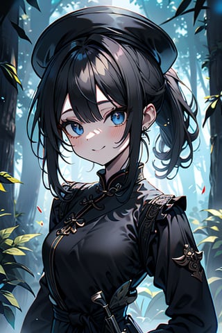 black hair, blue eyes, yellow qipao with black edges, French black hat, friendly face, black pantyhouse, killer, happy smile, bangs, in the forest at night, masterpiece, detailed, high quality, absurd, the strongest human of all, bearer of the hope of the world, hair in a ponytail, long sleeves, masterpiece, excellent quality, excellent quality, perfect face,small breasts.