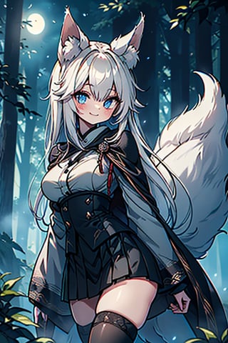 white hair, blue eyes, vintage style cape, friendly face, skirt, killer, happy smile, blows, in the forest at night, masterpiece, detailed, high quality, absurd, the most human force of all, bearer of hope world, long hair, black stockings, masterpiece, excellent quality, perfect face, medium breasts, kitsune ears, kitsune tail.

